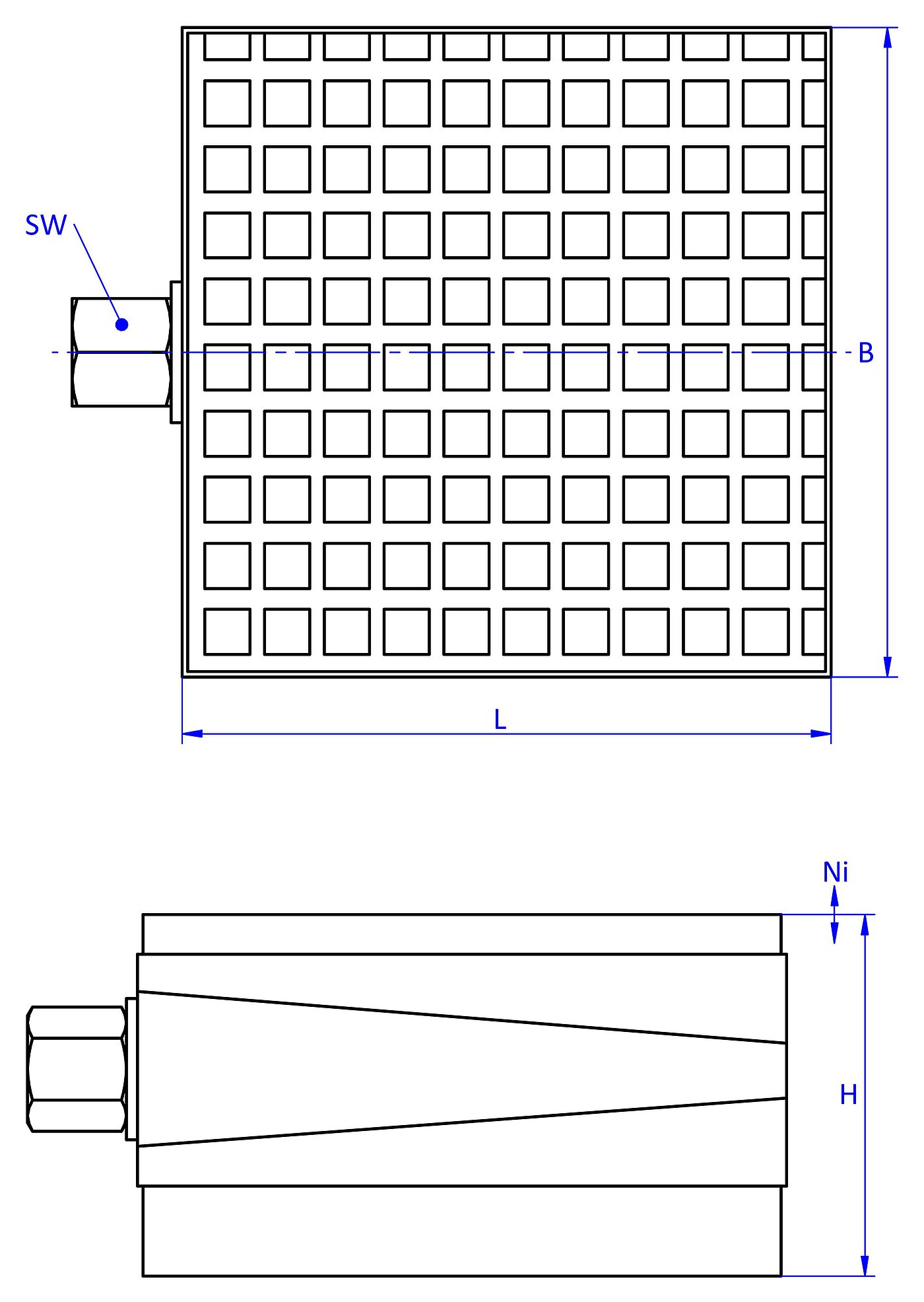 schematische Zeichnung eines freistehenden Maschinenschuhs, in der Draufsicht mit dünnerem Elastomer mit Profilierung auf dem Oberteil für Gleitschutz, und in der Seitenansicht zusätzlich mit mitteldickem Elastomer mit Profilierung zur Schwingungsdämpfung unten