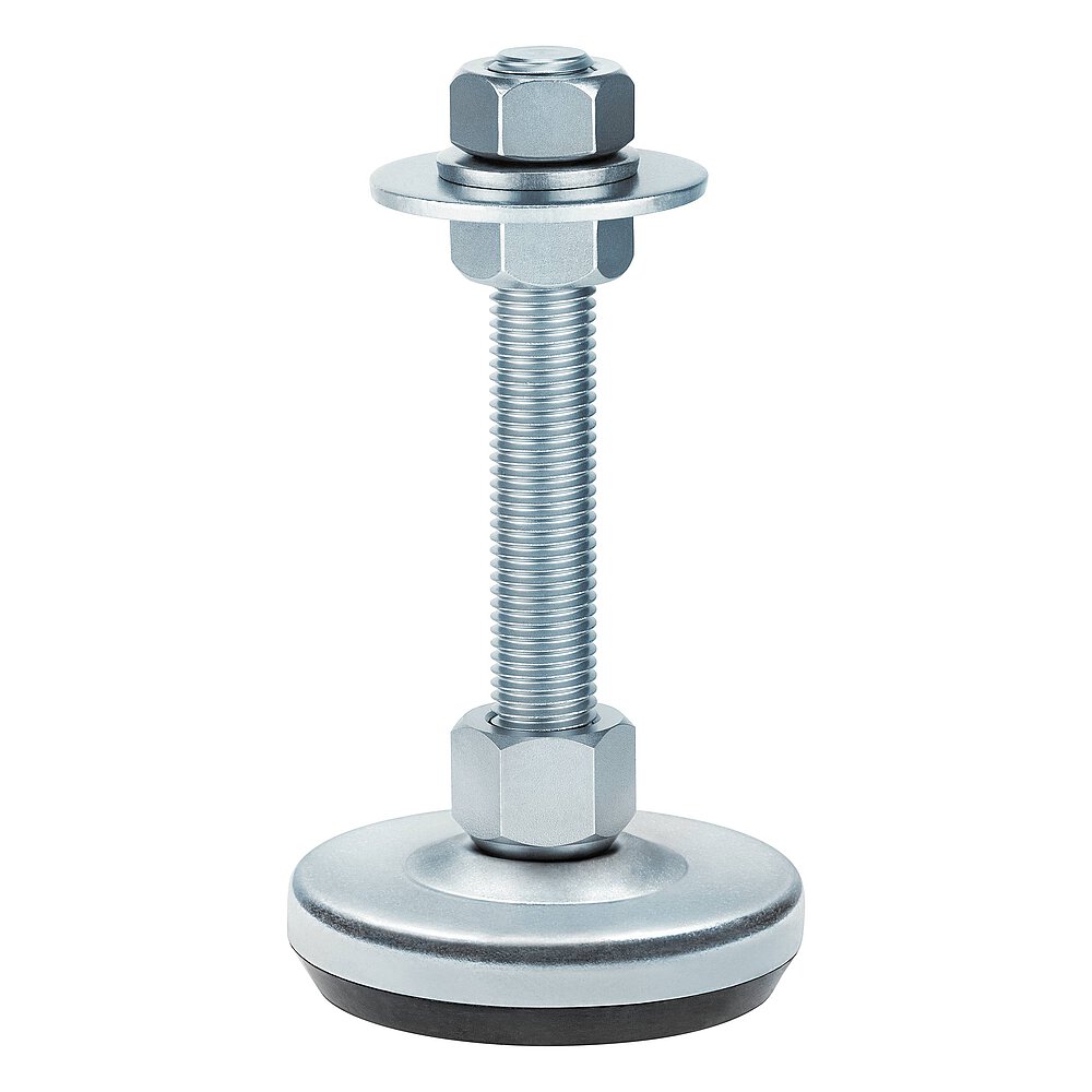 a machine foot made of bluish-shiny zinc-coated steel with 76 mm diameter at the base, thread M16x100 mm in a pendulum-action cap nut atop the base plate and black elastomer NBR underneath the base plate, isolated on white background