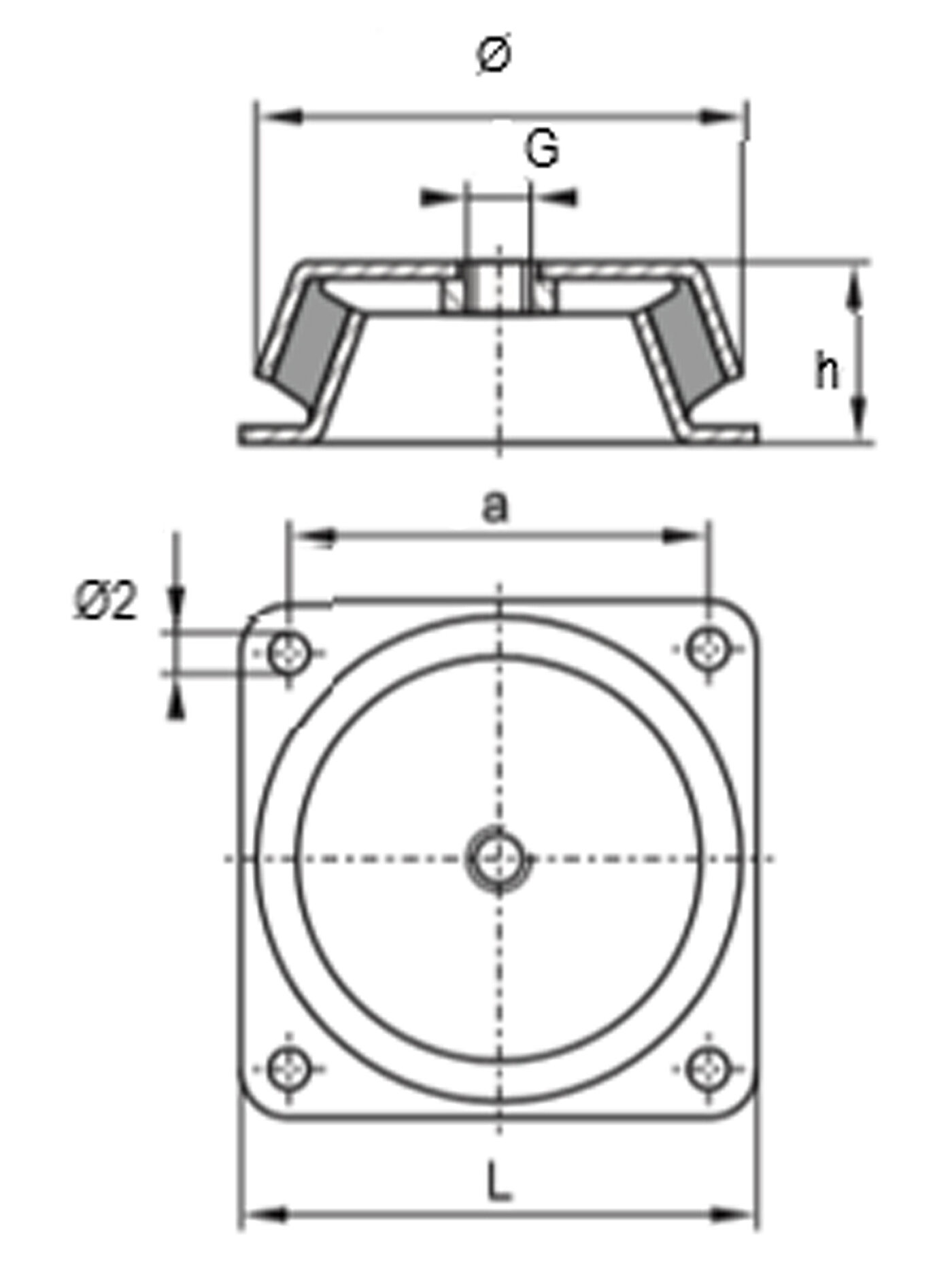 schematische Zeichnung eines Schwingungsdämpfers aus Metall mit quadratischer Bodenplatte, vier Rundlöchern zur Bodenbefestigung, einer glockenförmigen Metallkappe mit Einschraubgewinde und dazwischen einvulkanisiertem Gummi in der Seitenansicht und Draufsicht