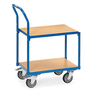 ein blauer FETRA® Rollwagen für Eurokästen mit zwei Etagen und Schiebebügel auf weißem Hintergrund