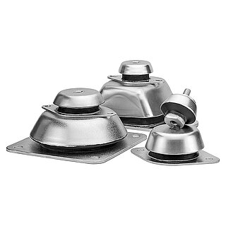a group picture of six different silver-coloured bolt-on vibration dampers made of metal, with drilled base plates for floor-fastening, bell-shaped metal caps and in-between-galvanized black rubber, isolated on white background