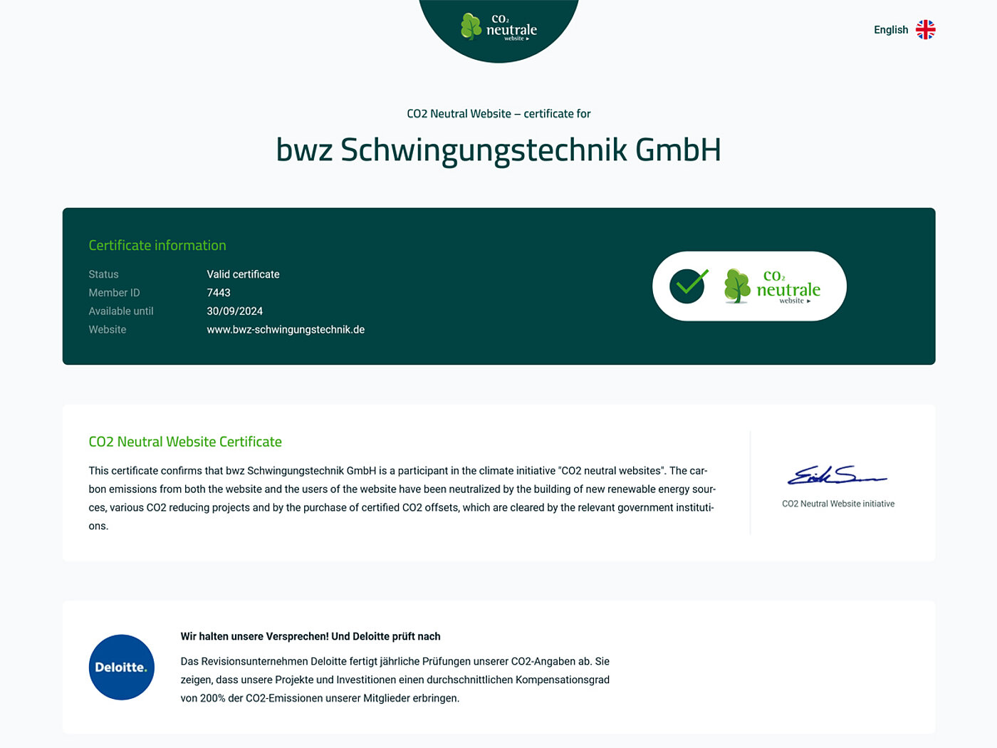 screenshot of the certificate confirming that the website of bwz Schwingungstechnik is CO2-neutral owing to the membership in the climate initiative 'CO2-neutral website', all styled in white and green colours