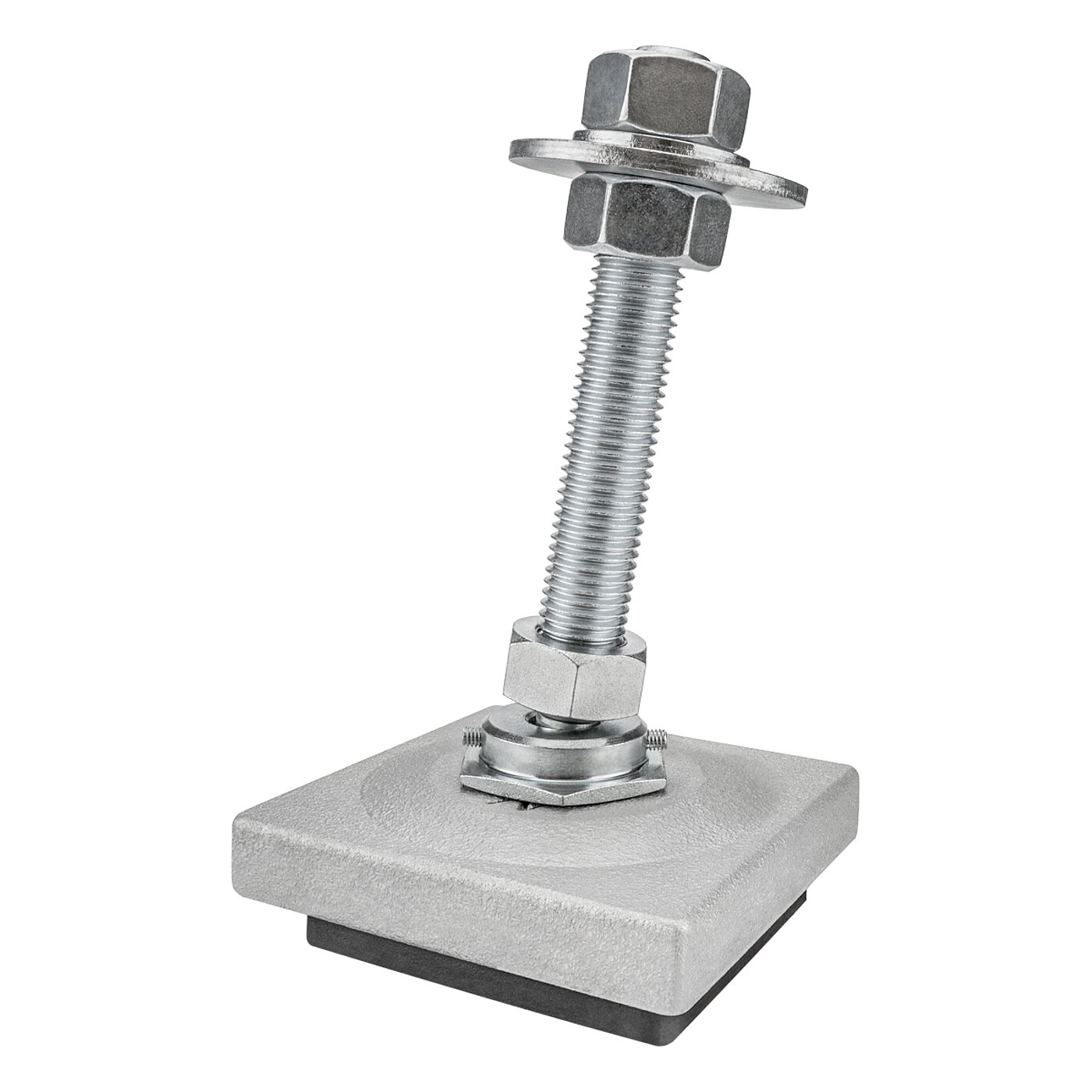 a square, silver-lacquered levelling element made of cast iron, with a pendulum-action zinc-coated levelling screw placed in a pressure fitting on top of the cast iron corpus, secured with two small grub screws on the sides against falling apart, and black elastomer for vibration damping at the bottom, isolated on white background