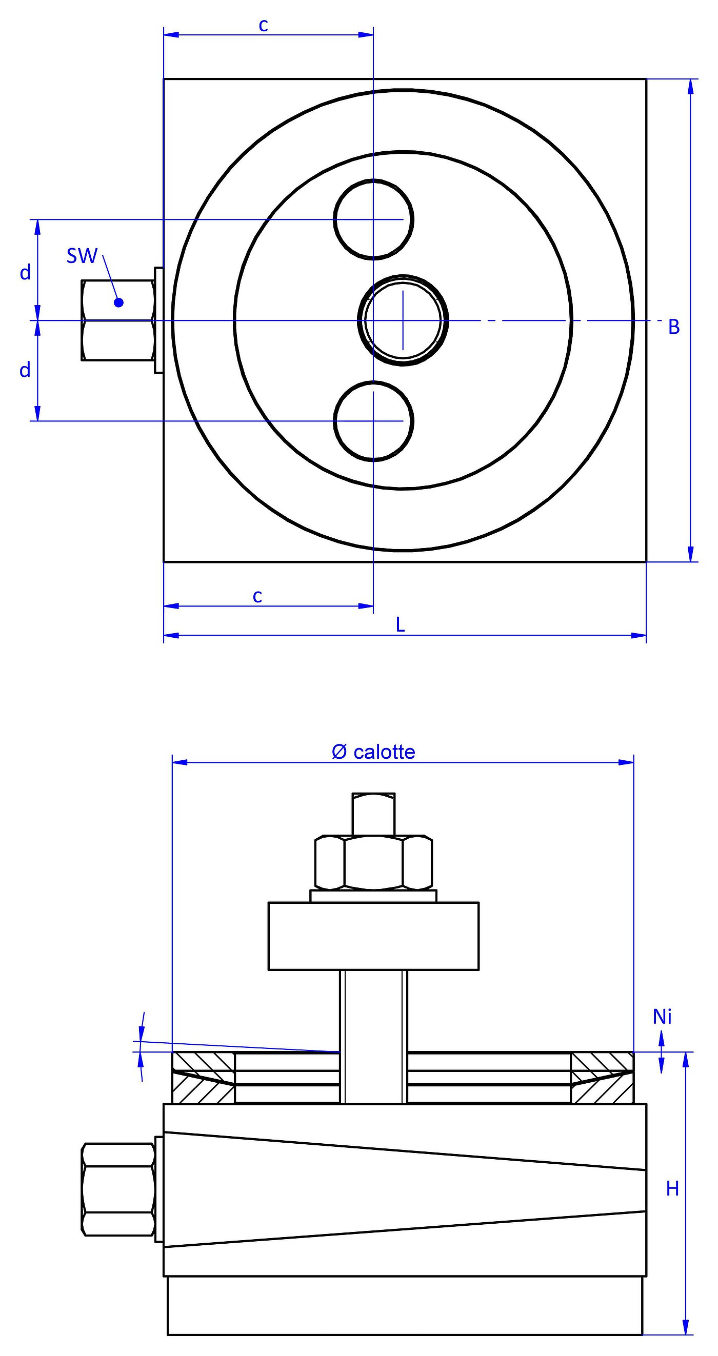 schematic drawing of a bolt-through action machine mount, in the view from the top with two holes in the top and bottom part, an angular compensation calotte consisting of two convex / concave metal rings on the top part and in the side view with a medium-thickness elastomer with smooth surface for passive vibration isolation at the bottom and a fastening screw with a screwhead isolation disc at the top screw end, passing through the bottom part