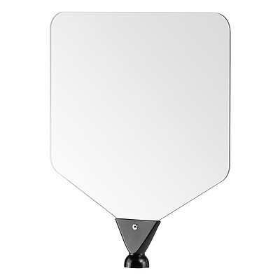 a medium-sized square protection shield made of transparent polycarbonate, mounted on a black hinged segment of the Aqua-Loc series with a ballhead socket at the rear, isolated on white background