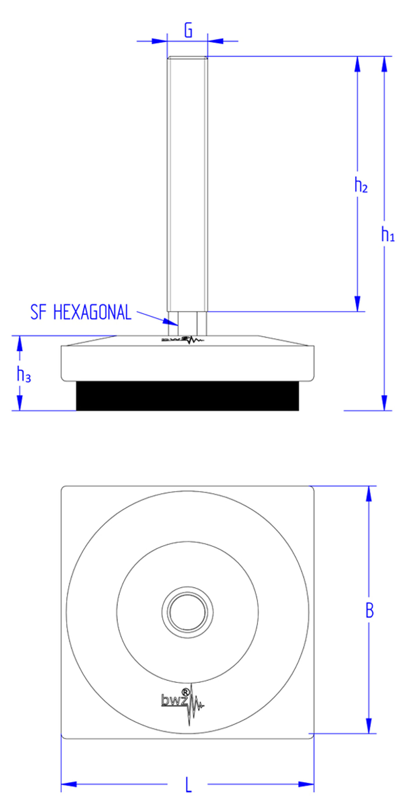 schematic drawing of a square levelling element made of cast iron, with a pendulum-action levelling screw with a hexagonal spanner flat at the bottom end, placed on top of the cast iron corpus, with the corpus and levelling screw tightly connected to each other against falling apart, and elastomer for vibration damping at the bottom, in the side view and the view from the top
