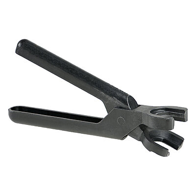 a black assembly plier of the Aqua-Loc series made of long fibre nylon, for the system size 1/2", isolated on white background