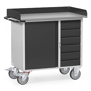 ein grauer FETRA® Werkstattwagen mit 6 Schubladen, 1 Schranktür und Abrollrand auf weißem Hintergrund