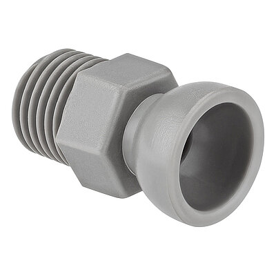 a plastik-made light-grey threaded socket of the Aqua-Loc modular coolant hose series, with 1/4" thread at the rear, a hexagonal in the middle and ballhead hinge at the front for conducting cutting coolant liquids, isolated on white background