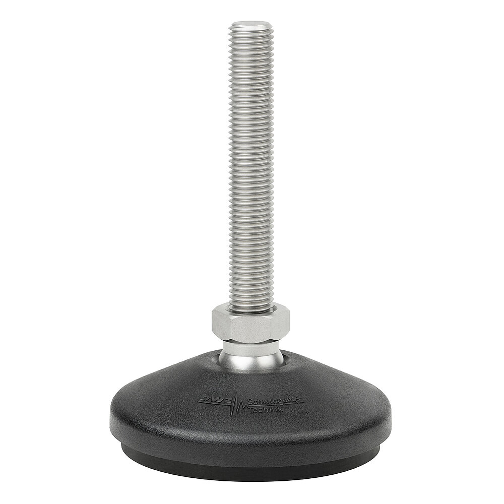 a round, upwards conically tapering machine foot made of black composite material with 100 mm diameter at the base, black elastomer NBR for non-slip protection at the bottom and vertically upward facing stainless steel thread M16x100 mm in a pendulum-action hexagonal spanner flat ball joint, isolated on white background