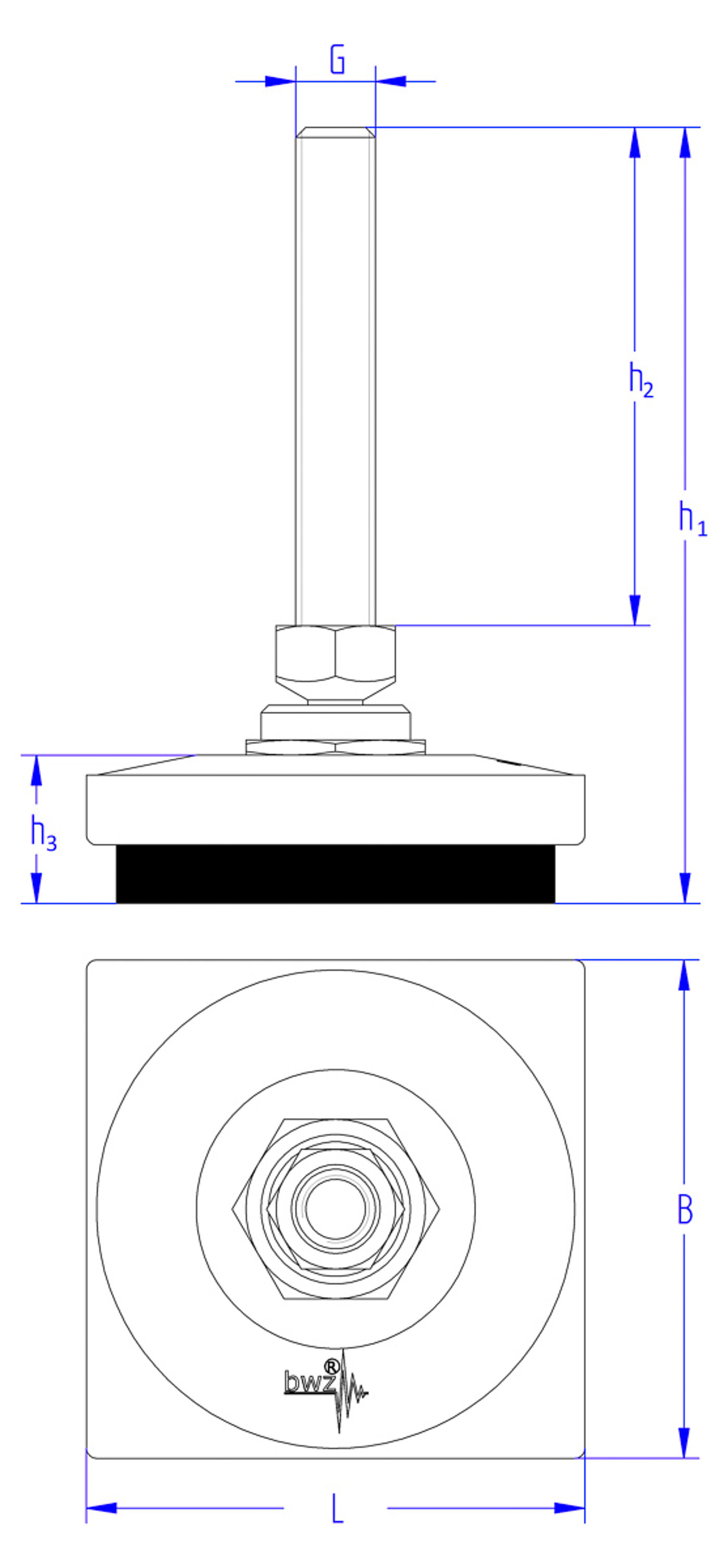 schematic drawing of a square levelling element made of cast iron, with a pendulum-action levelling screw placed in a pressure fitting with safety ring on top of the cast iron corpus, and elastomer for vibration damping at the bottom, in the side view and the view from the top