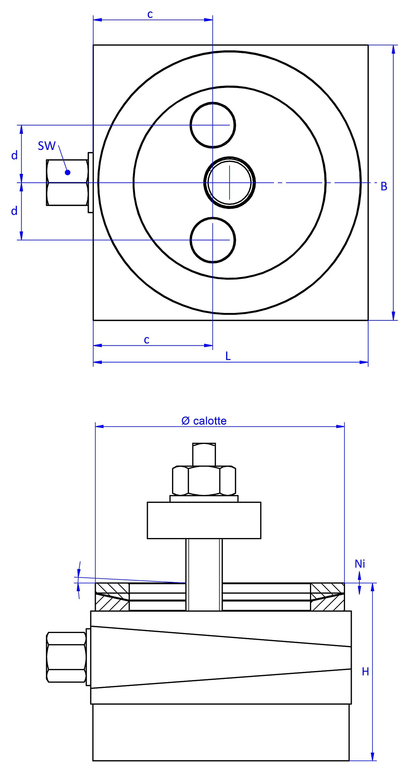 schematic drawing of a bolt-through action machine mount, in the view from the top with two holes in the top and bottom part, an angular compensation calotte consisting of two convex / concave metal rings on the top part and in the side view with a thick elastomer with structured surface for vibration isolation at the bottom and a fastening screw with a screwhead isolation disc at the top screw end, passing through the bottom part