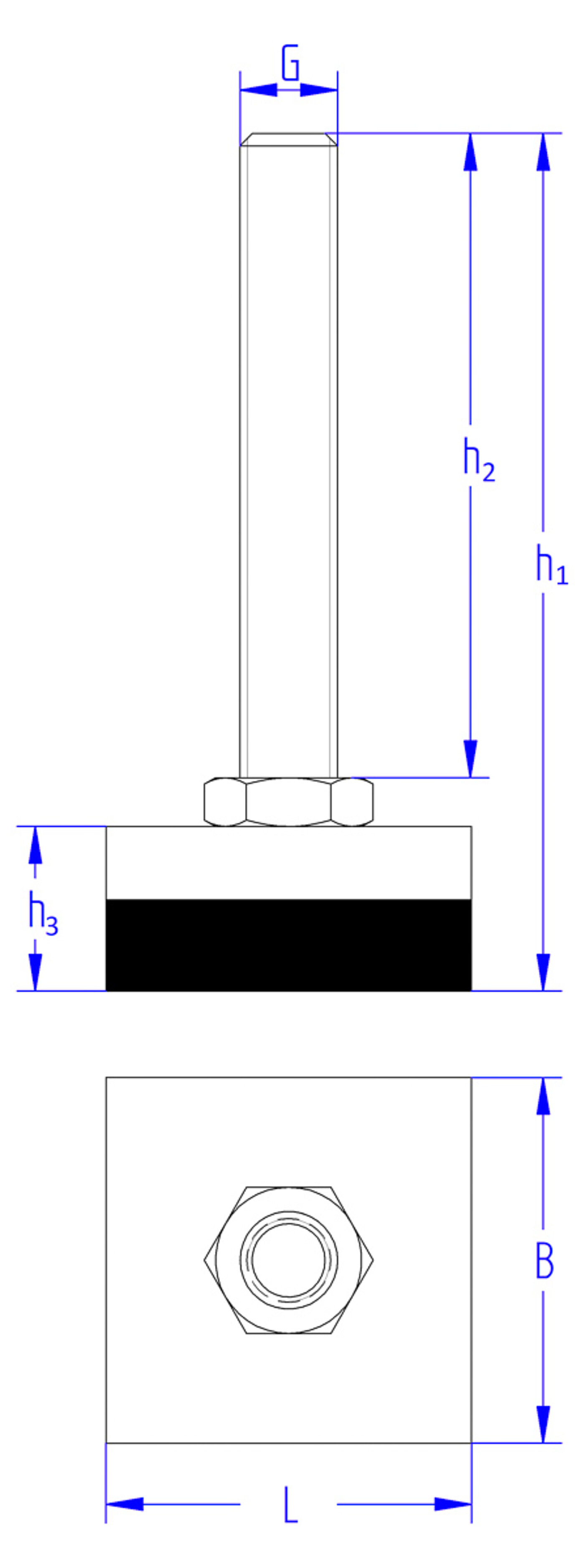 schematische Zeichnung eines quadratischen Maschinenfußes, bestehend aus einer Stahlplatte mit darüberliegendem feststehendem Gewinde, gesichert durch eine flache Sechskant-Hutmutter, und darunterliegendem Elastomer für Schwingungsdämpfung, in der Seitenansicht und in der Draufsicht