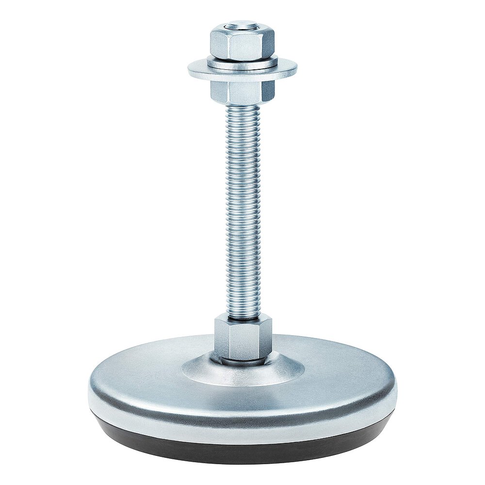 a machine foot made of bluish-shiny zinc-coated steel with 105 mm diameter at the base, thread M12x100 mm in a pendulum-action cap nut atop the base plate and black elastomer NBR underneath the base plate, isolated on white background