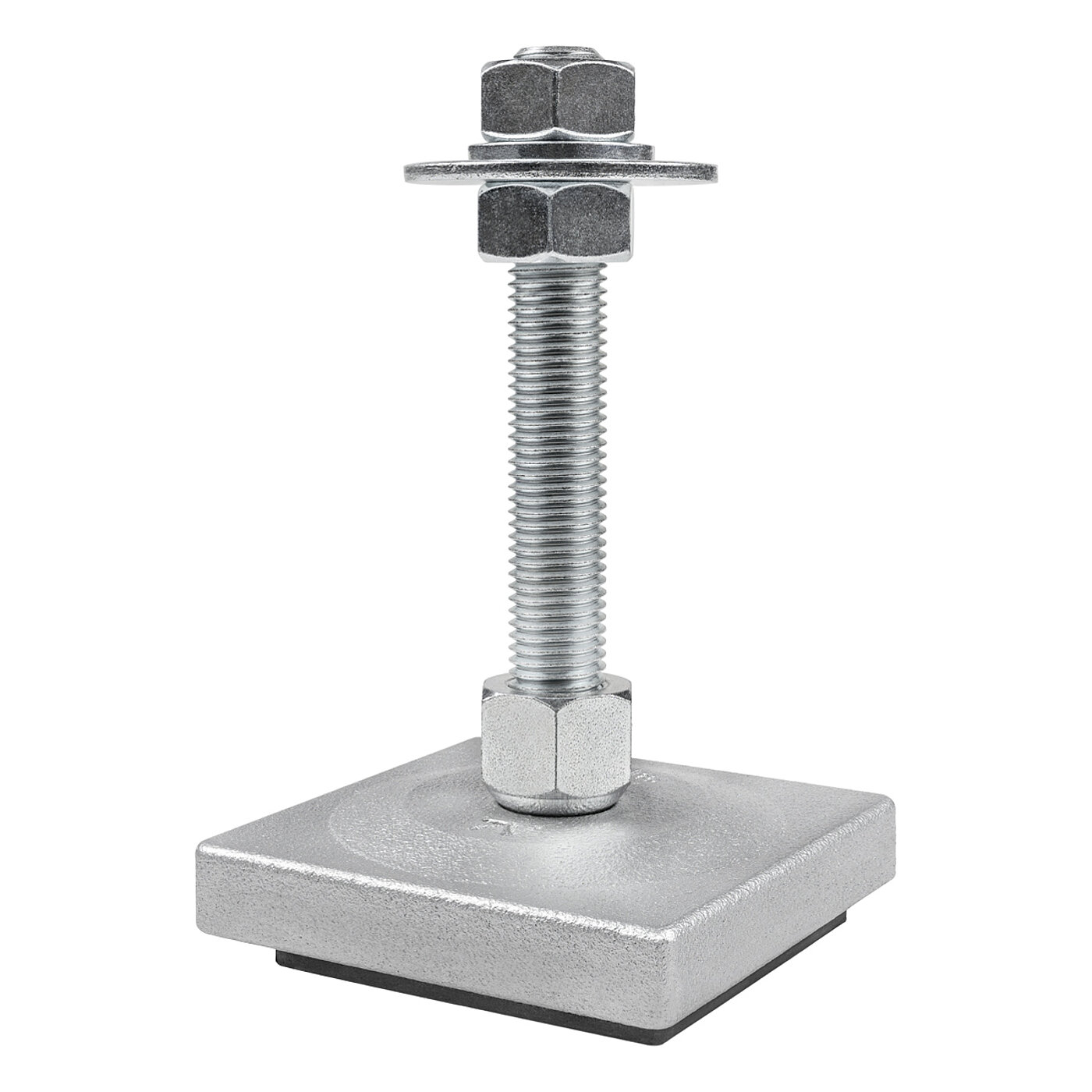 a square, silver-lacquered levelling element made of cast iron, with a pendulum-action zinc-coated levelling screw placed in a hexagonal cap nut on top of the cast iron corpus, with the corpus and cap nut tightly connected to each other against falling apart, and black elastomer for vibration damping at the bottom, isolated on white background