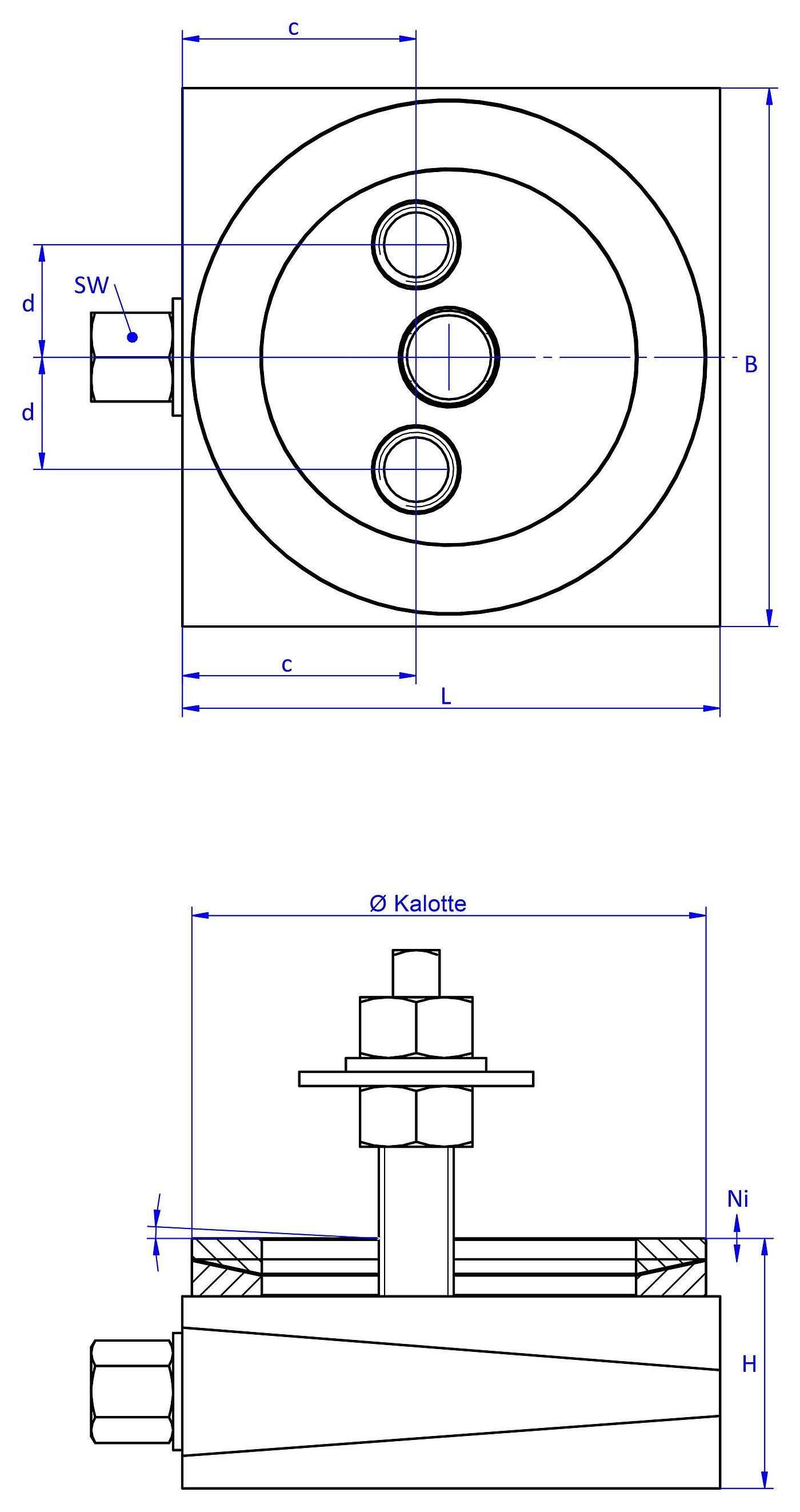schematische Zeichnung eines anschraubbaren Maschinenschuhs, in der Draufsicht mit zwei Durchgangslöchern im Oberteil und einer aus zwei aufeinander liegenden Metallringen bestehenden Winkelkalotte auf dem Oberteil, zwei Gewindebohrungen im Unterteil, und in der Seitenansicht mit einer im Unterteil verschraubten Befestigungsschraube