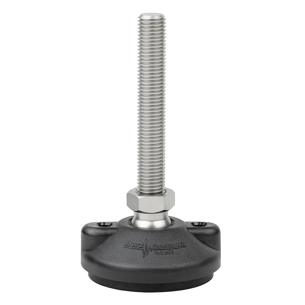 a round, upwards conically tapering machine foot made of black composite material with 80 mm diameter at the base, black elastomer NBR for non-slip protection at the bottom, two cusped elevations with boreholes for ground-fastening at the sides, and vertically upward facing stainless steel thread M16x100 mm in a pendulum-action hexagonal spanner flat ball joint, isolated on white background