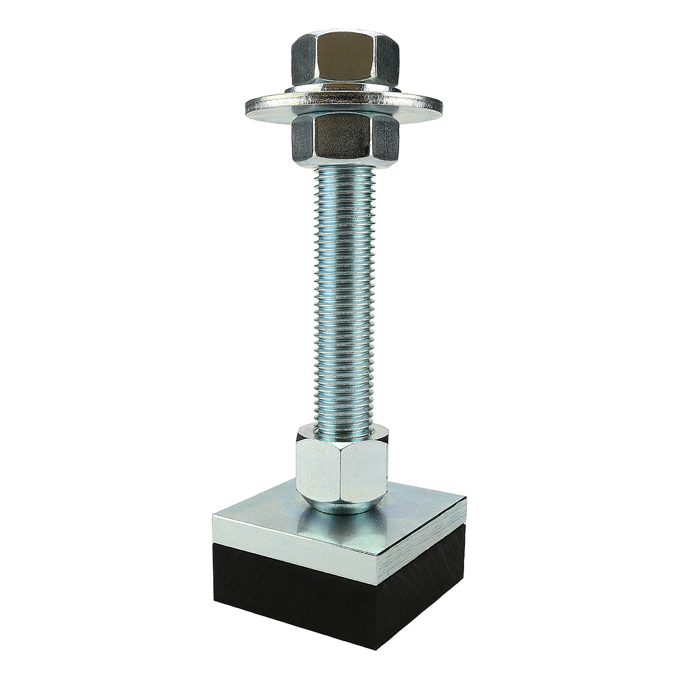a square machine foot made of zinc-galvanized steel plate with black elastomer NBR at the bottom for vibration dampening and thread in a pendulum-action hexagonal cap nut on top, isolated on white background