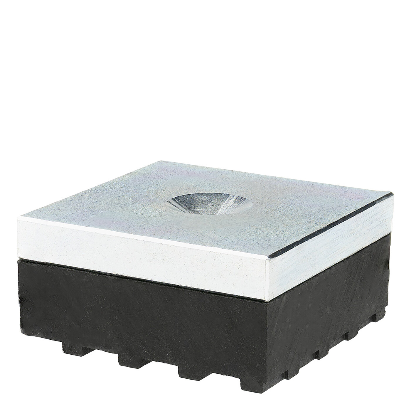 a square machine foot made of zinc-galvanized steel plate with black elastomer NBR at the bottom for vibration dampening and a 120 degree counter sinking on top for levelling screws, isolated on white background