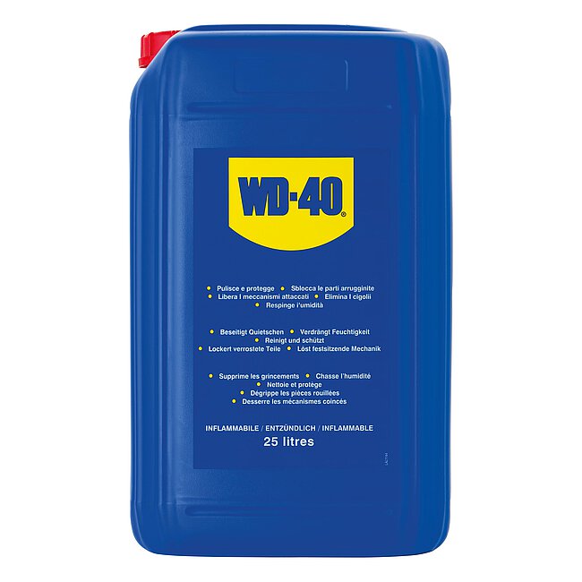 a blue, plastic-made WD-40® 25 litre canister with blue-yellow logo and red sealing cap on top, isolated on white background