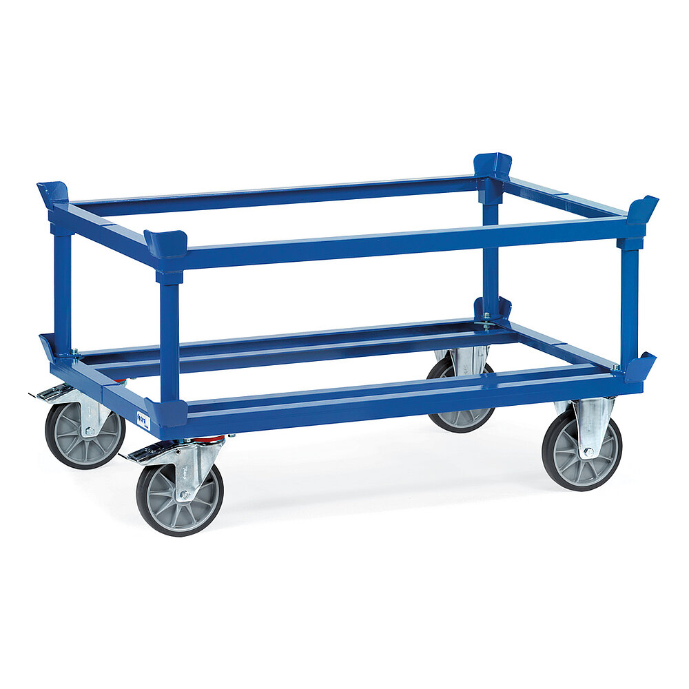 ein blauer FETRA® Aufsetzrahmen montiert auf ein blaues FETRA® Palettenfahrgestell auf weißem Hintergrund