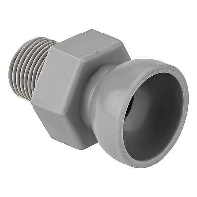 a plastik-made light-grey threaded socket of the Aqua-Loc modular coolant hose series, with 3/8" thread at the rear, a hexagonal in the middle and ballhead hinge at the front for conducting cutting coolant liquids, isolated on white background