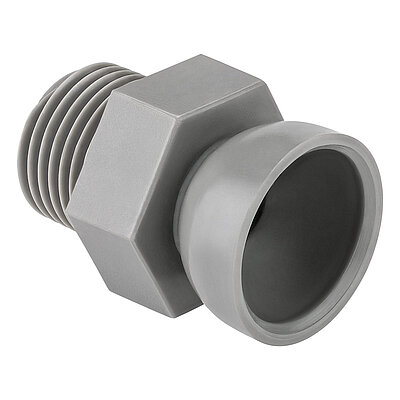 a plastik-made light-grey threaded socket of the Aqua-Loc modular coolant hose series, with 1/2" thread at the rear, a hexagonal in the middle and ballhead hinge at the front for conducting cutting coolant liquids, isolated on white background