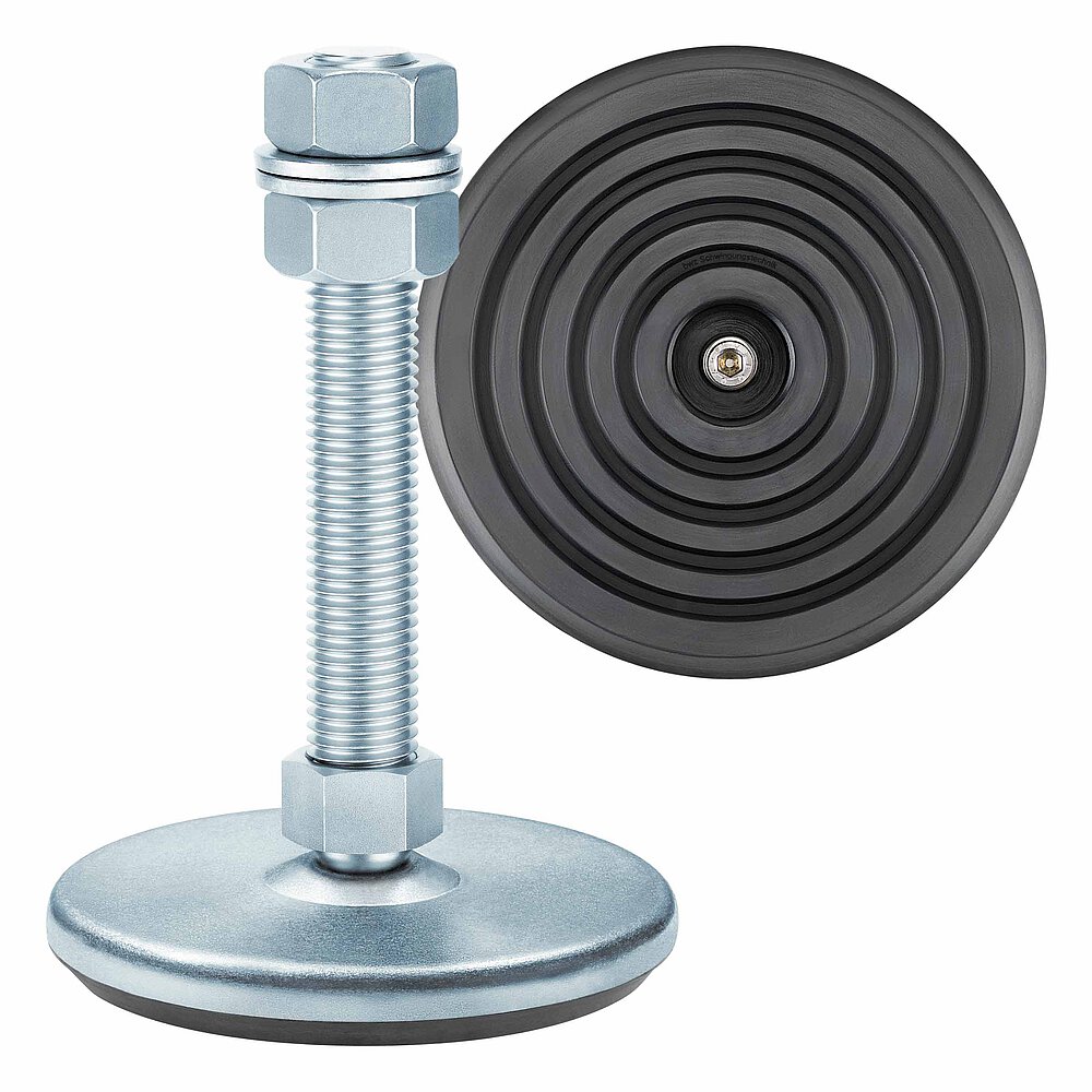 a machine foot made of bluish-shiny zinc-coated steel with 135 mm diameter at the base, thread M24x150 mm in a pendulum-action cap nut atop the base plate and additional flat-lay view of the black elastomer NBR with concentric non-slip protection profile underneath the base plate, isolated on white background