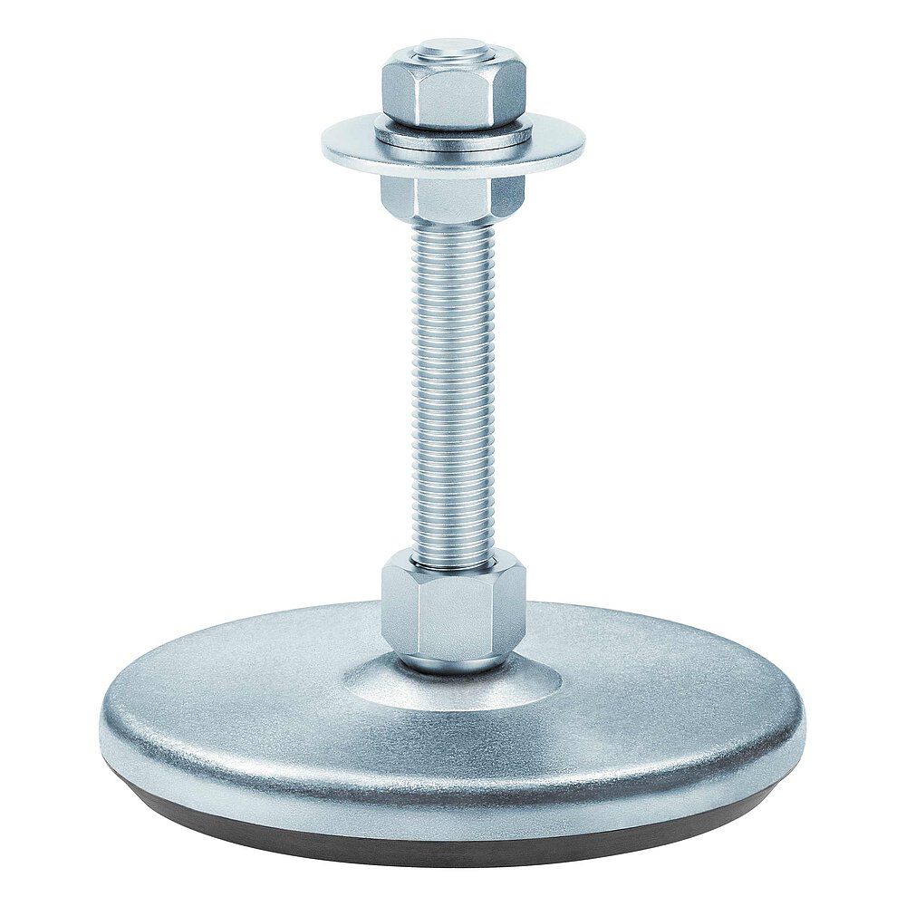 a machine foot made of bluish-shiny zinc-coated steel with 135 mm diameter at the base, thread M16x100 mm in a pendulum-action cap nut atop the base plate and black elastomer NBR underneath the base plate, isolated on white background