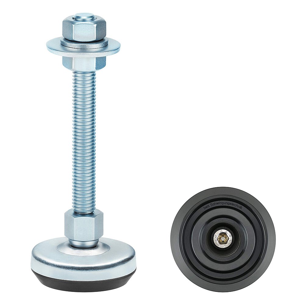 a machine foot made of bluish-shiny zinc-coated steel with 52 mm diameter at the base, thread M12x100 mm in a pendulum-action cap nut atop the base plate and additional flat-lay view of the black elastomer NBR with concentric non-slip protection profile underneath the base plate, isolated on white background
