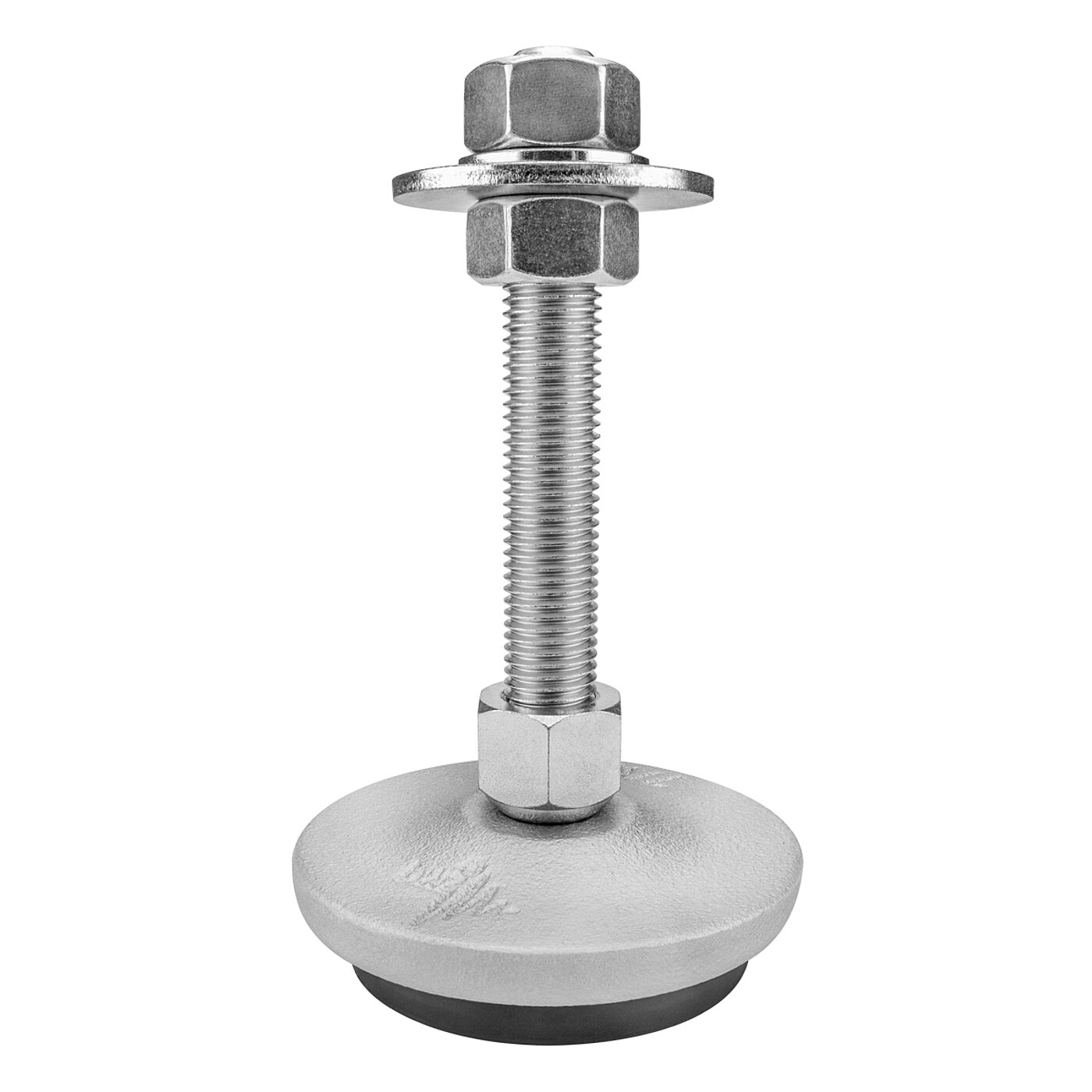 a round, silver-lacquered levelling element made of cast iron, with a pendulum-action zinc-coated levelling screw placed in a hexagonal cap nut on top of the cast iron corpus, with the corpus and cap nut tightly connected to each other against falling apart, and black elastomer for vibration damping at the bottom, isolated on white background
