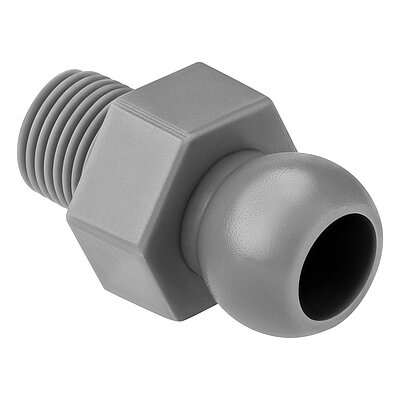 a plastik-made light-grey threaded nipple of the Aqua-Loc modular coolant hose series, with 1/8" thread at the rear, a hexagonal in the middle and ballhead hinge at the front for conducting cutting coolant liquids, isolated on white background