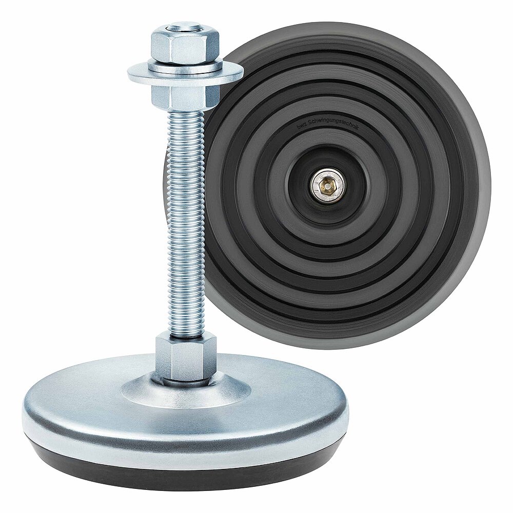 a machine foot made of bluish-shiny zinc-coated steel with 105 mm diameter at the base, thread M12x100 mm in a pendulum-action cap nut atop the base plate and additional flat-lay view of the black elastomer NBR with concentric non-slip protection profile underneath the base plate, isolated on white background