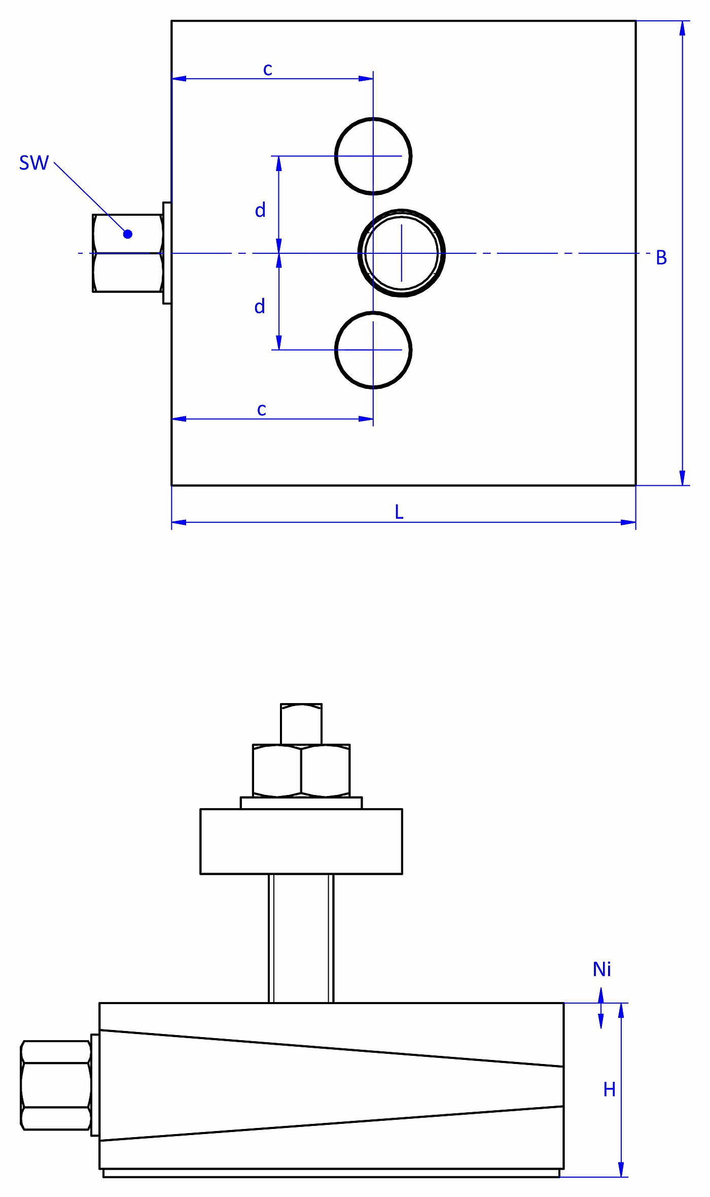 schematic drawing of a bolt-through action machine mount, in the view from the top with two holes in the top and bottom part, and in the side view with a thin elastomer with smooth surface for non-slip protection at the bottom and a fastening screw with a screwhead isolation disc at the top screw end, passing through the bottom part