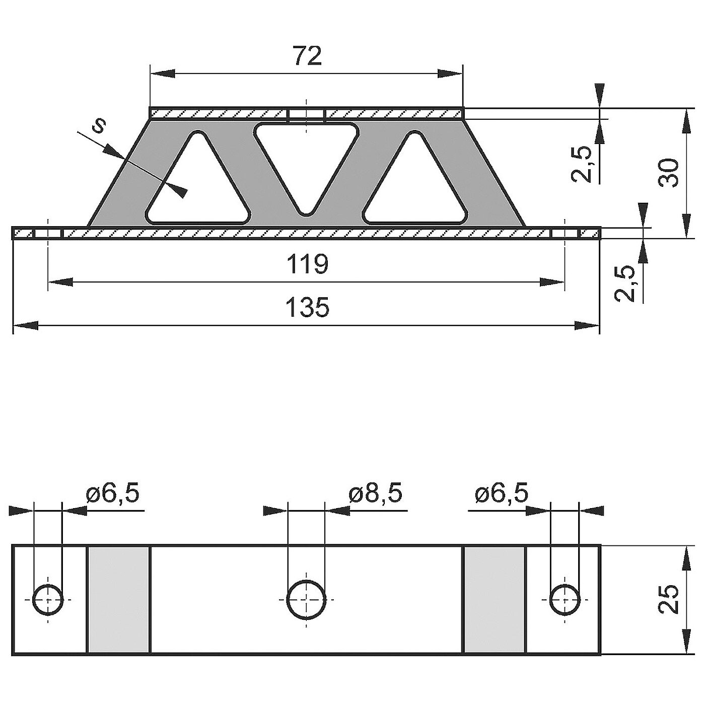 schematische Zeichnung eines Gummi-Metall-Geräteelementes mit Bodenplatte, Trägerplatte und dazwischenliegendem w-förmigen Elastomerkorpus