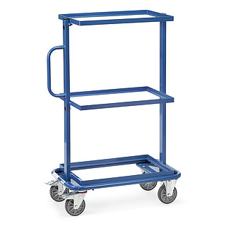 ein blauer FETRA® Wagen für Eurokästen mit drei Etagen auf weißem Hintergrund