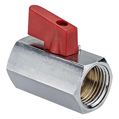 a zinc-galvanized ball valve made of hexagonal bar material, with 1/2" inner thread at the rear and at the front, and a top-mounted red plastik-made valve handle in parallel position, isolated on white background