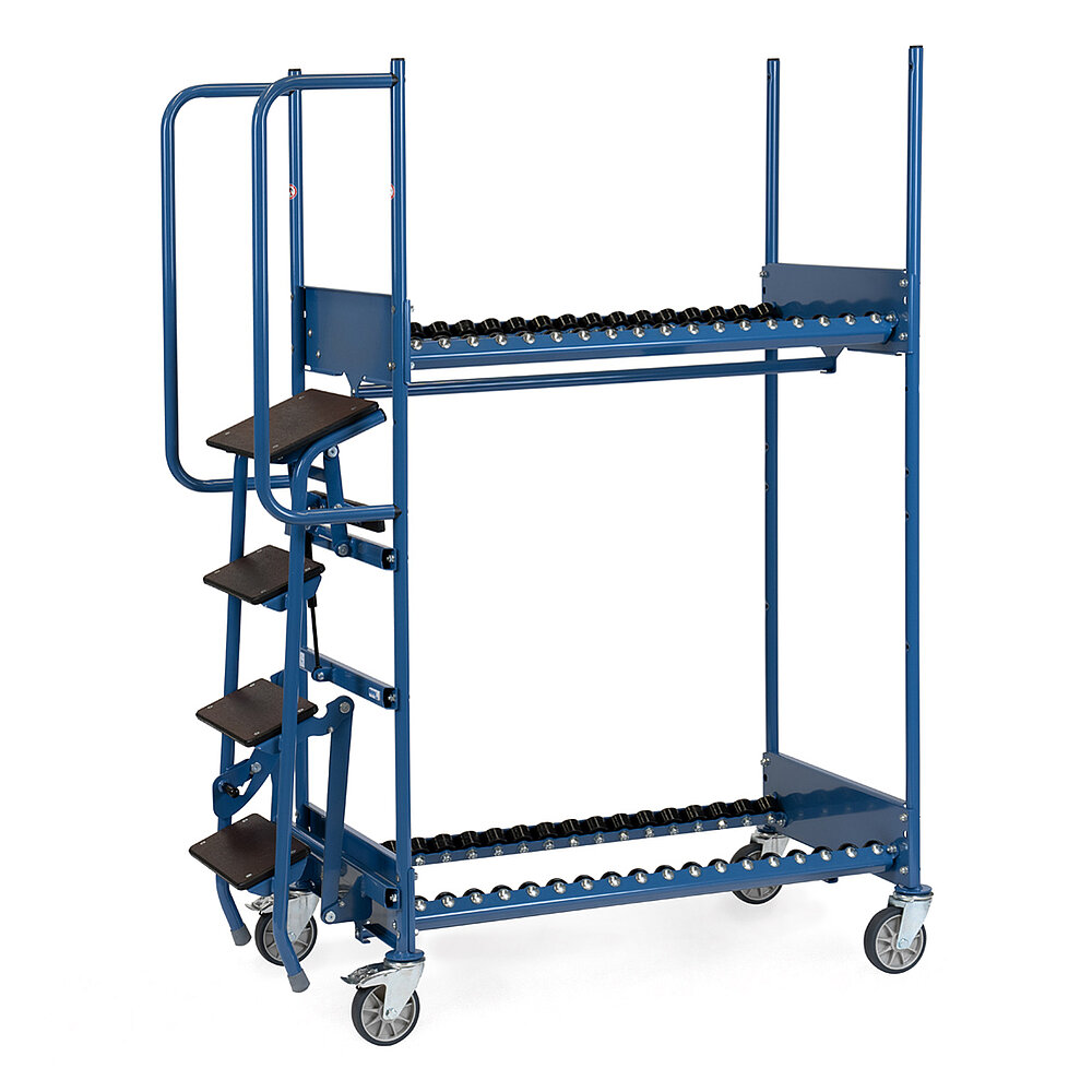 ein blauer zweigeschoßiger FETRA® Reifenkommissionierwagen aus Stahlrohr mit angeklappter Trittleiter, 4 Lenkrollen, davon 2 feststellbar, und Rollenbahn auf jeder der 2 Ladeebenen, auf weißem Hintergrund