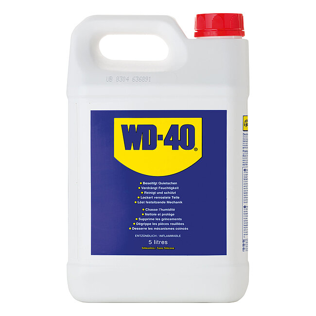 a white, plastic-made WD-40® 5 litre canister with blue-yellow logo and red sealing cap on top, isolated on white background