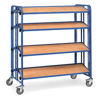 ein blauer FETRA® Wagen für Eurokästen mit vier schräggestellten Etagen auf weißem Hintergrund