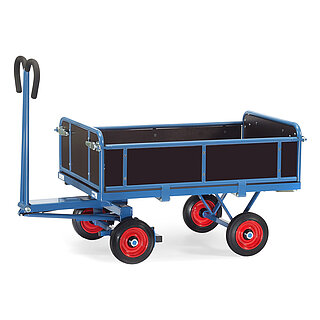 ein blauer FETRA® Handpritschenwagen mit Handdeichsel, rundum verlaufenden dunklen Bordwänden und Vollgummi-Bereifung auf weißem Hintergrund