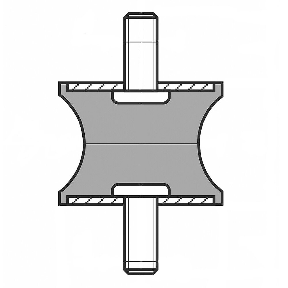 Zeichnung eines Gummi-Metall-Elementes mit beidseitigem Außengewinde und tailliertem Korpus auf weißem Hintergrund