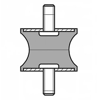 Zeichnung eines Gummi-Metall-Elementes mit beidseitigem Außengewinde und tailliertem Korpus auf weißem Hintergrund