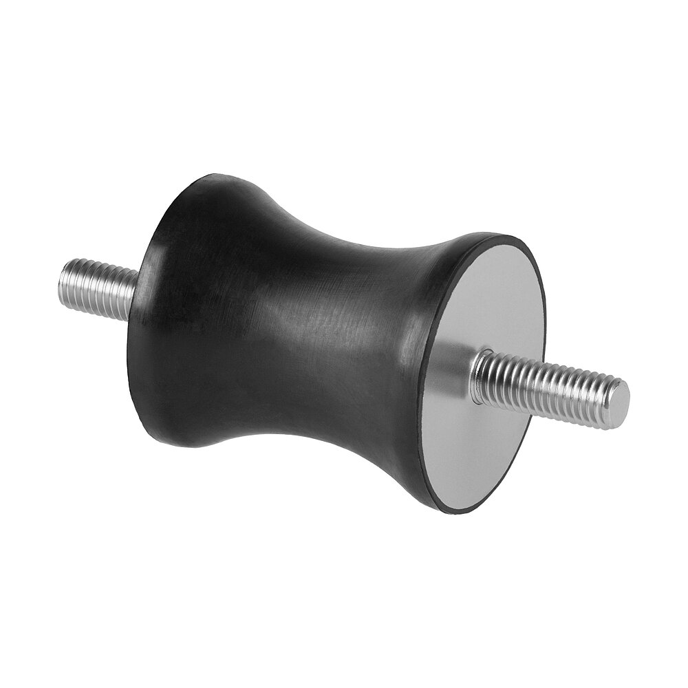 a rubber-metal bearing with outer threads on both sides and in between a waist-shaped black elastomer corpus, isolated on white background
