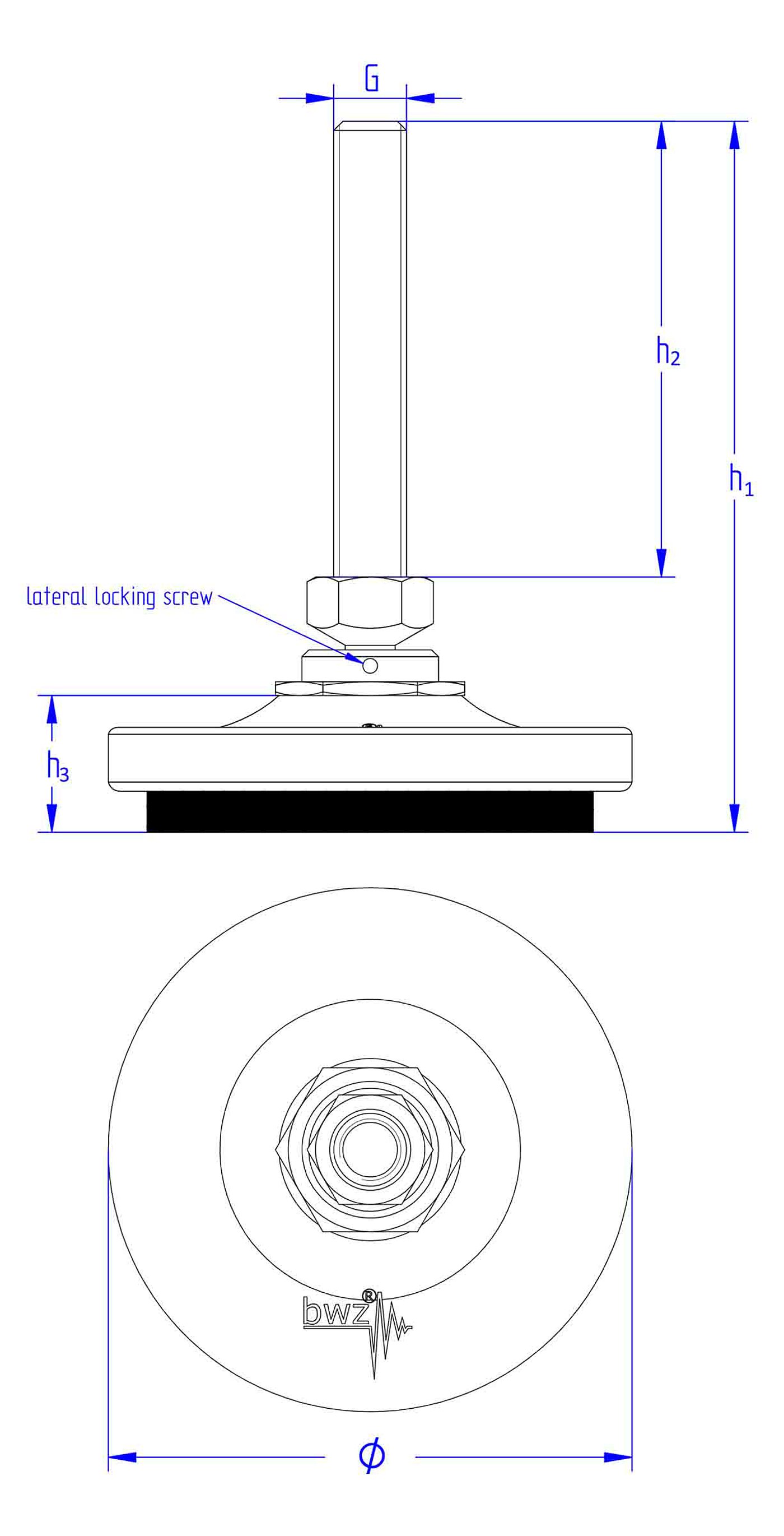 schematic drawing of a round levelling element made of cast iron, with a pendulum-action levelling screw placed in a pressure fitting on top of the cast iron corpus, secured with two small grub screws on the sides against falling apart, and elastomer for vibration damping at the bottom, in the side view and the view from the top
