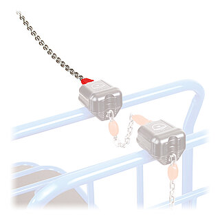 Detailaufnahme einer FETRA® Wandanschlusskette für FETRA® Pfandschlösser an FETRA® Cash und Carry Wagen, freigestellt auf weißem Hintergrund