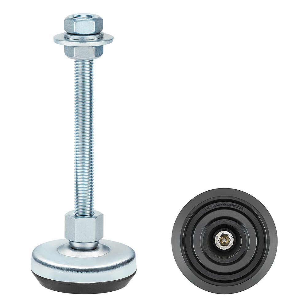 a machine foot made of bluish-shiny zinc-coated steel with 52 mm diameter at the base, thread M10x100 mm in a pendulum-action cap nut atop the base plate and additional flat-lay view of the black elastomer NBR with concentric non-slip protection profile underneath the base plate, isolated on white background