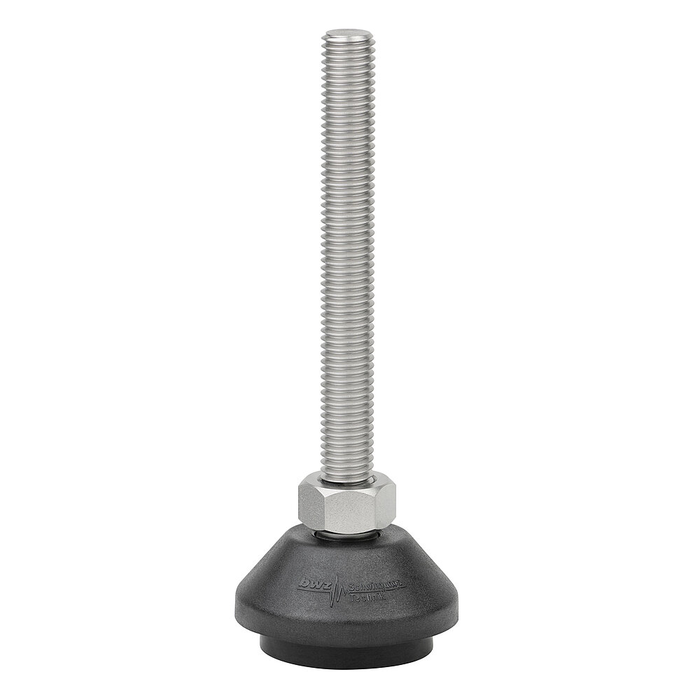 a round, upwards conically tapering machine foot made of black composite material with 50 mm diameter at the base, black elastomer NBR for non-slip protection at the bottom and vertically upward facing stainless steel thread M12x100 mm in a pendulum-action hexagonal spanner flat ball joint, isolated on white background