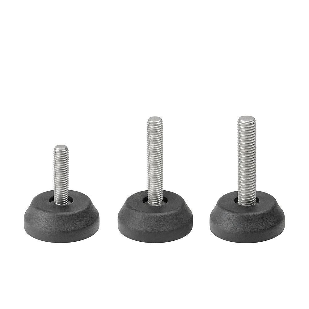 a composition of three round screw-in action levelling feet for machinery and appliances, made of black thermoplast elastomer, each with a diameter of 50 mm and each with a tightly plastic-injection-moulded levelling screw of various lengths and strengths, in the view from askew and from above, isolated on white background