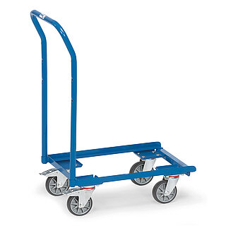 ein blauer FETRA® Rollwagen für Eurokästen mit Schiebebügel auf weißem Hintergrund